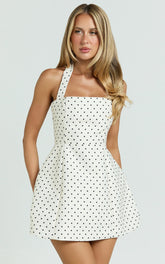 Mini-robe Dante - Robe à col licou et jupe tulipe à pois blancs