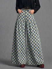 Retro Plaid Print Wide-leg Jeans