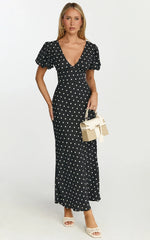 Robe Midi Elise - Robe à Manches Bouffantes et Col en V à Pois Noirs