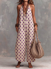 Women's Polka Dot Print V-neck Sleeveless Casual Loose-fit Cotton-linen Wide-leg Jumpsuit