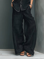 Black Textured Cotton-linen White Piping Sleeveless Blazer Vest & High-waist Wide-leg Pants Set