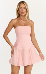 Robe Courte Penny - Robe Godet à Corset Bustier Orné de Fleurs Rose Doux