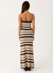 Robe longue Antonie en maille - Rayures chocolat olive