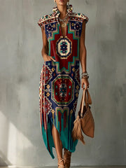 Colorful Exotic Totem Decorative Patterns Women's No Sleeve Bud Collar Linen Cotton Dress
