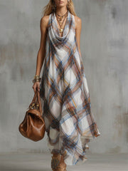 Women's Casual Loose-fit Sleeveless Cowl-neck Plaid Print Dress