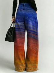 Women's Retro Gradient Pattern Printed Stylish Cutout Casual Denim Jeans