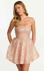 Robe courte Hana - Robe bustier évasée à sequins de couleur or rose