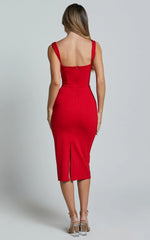 Robe Tiffy Midi - Robe Fourreau Moulante à Col Carré et Frons Côtelées de Couleur Écarlate