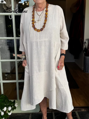 Accordion Pleated Irregular Hem Linen Dress