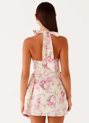 Mini-robe Rosalie à col halter – Imprimé floral rose vintage