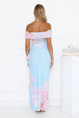 Robe longue en maille fleurie Dream Vacay bleue