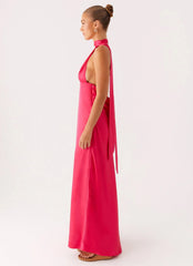 Robe longue licou en satin Alicia - Fuchsia