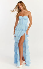 Robe longue Bella – Robe corset bustier à lacets au dos et volants étagés, bleu clair