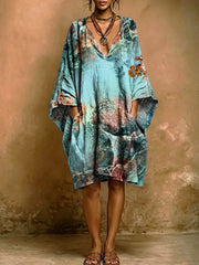 Women's Vintage Floral Print Short-sleeve Cotton-linen Dress