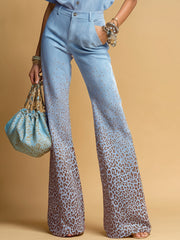 Retro Lapel Short Sleeve Faux Suede Shirt And Gradient Leopard Print Flared Trousers