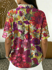 Women's Vintage Botanical Floral Casual Polo Collar Short-sleeved Linen And Cotton Shirt