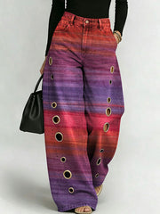 Women's Retro Gradient Pattern Printed Stylish Cutout Casual Denim Jeans