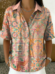 Bohemian Ethnic Totem Print Short-sleeve Collared Shirt With Half-button Placket