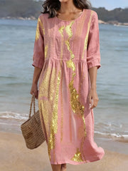 Women's CasualRound Neck Mid Sleeve Print Cotton and Linen Dress