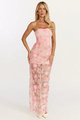 Robe longue Lima - Robe colonne bustier ornée de motifs floraux roses