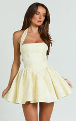 Maddy Mini Robe - Robe courte trapèze à col carré et dos nu, couleur citron