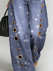 Women's Shinny Art Print Casual Stylish Hollow Denim Pants