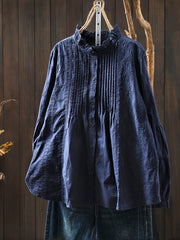 Plus Size Women Winter Artsy Stand Collar Embroidery 100%Cotton Shirt