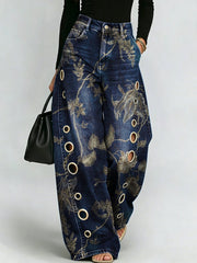 Printed Curved-leg Jeans With Metal Ring Accents
