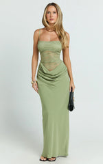 Robe longue Rania – Robe longue à taille basse et jupe biaisée à bustier en dentelle contrastante, coloris sauge