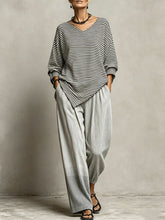 Women's Striped Print V-neck Long-sleeve Casual Loose Cotton-linen Top & High-waisted Wide-leg Pants Set