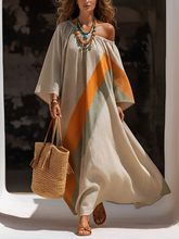 Off-white & Contrast-trim Linen-blend Off-the-shoulder (bardot) Loose-fit Maxi Dress
