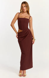 Robe longue Jonas - Robe bustier corset drapée à la taille couleur chocolat