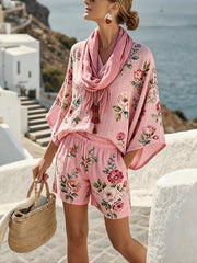 Women'S Casual Vacation Printed Loose Top, Shorts, And Scarf Set