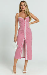 Robe longue Anessa - Robe bustier ajustée boutonnée sur le devant en vichy rouge