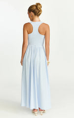 Robe longue Luciana - Robe chasuble à col tunisien bleue