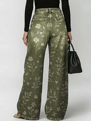 Women's Retro Floral Art Print Casual Stylish Hollow Denim Pants