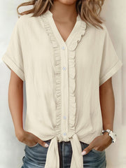 Women's Solid-Color Cotton-Linen Casual Short-Sleeve Button-Down Shirt with Ruffled Trim