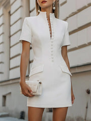 Women's Solid-color Stand-collar Short-sleeve Casual Slim-fit Dress