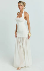 Robe longue Barbara - Robe en georgette contrastante à col licou et encolure dégagée de couleur ivoire