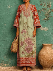 Women's Vintage-print V-neck Long-sleeve Casual Loose Cotton-linen Dress