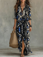 Animal Print Patchwork Decorative Pattern Women's Long Sleeve Cotton Dress