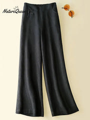Women's Solid Color Button Half Elastic High Waist Casual Cotton and Linen Wide Leg Pants