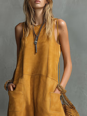 Retro Western Style Round Neck Sleeveless Faux Suede Jumpsuit