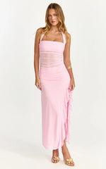 Robe midi Almarie – Robe en maille rose à col noué