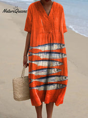 Women's Vintage Lovely Sardines Art Print Flowy Dress