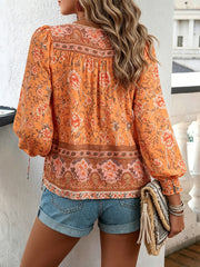 Women's Chic Floral Lantern Sleeves And Tie Detail Print Blouse