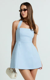 Mini-robe Dante - Robe à col halter à nouer et jupe tulipe bleu doux