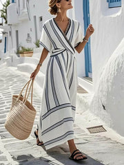 Women's Striped Print V-neck Short-sleeve Casual Loose Cotton-linen Dress
