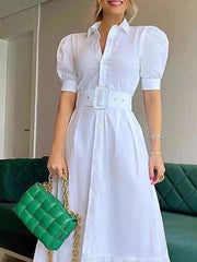 Women's Solid Color Art Casual Elegant Short Sleeve With Belt Long Dress