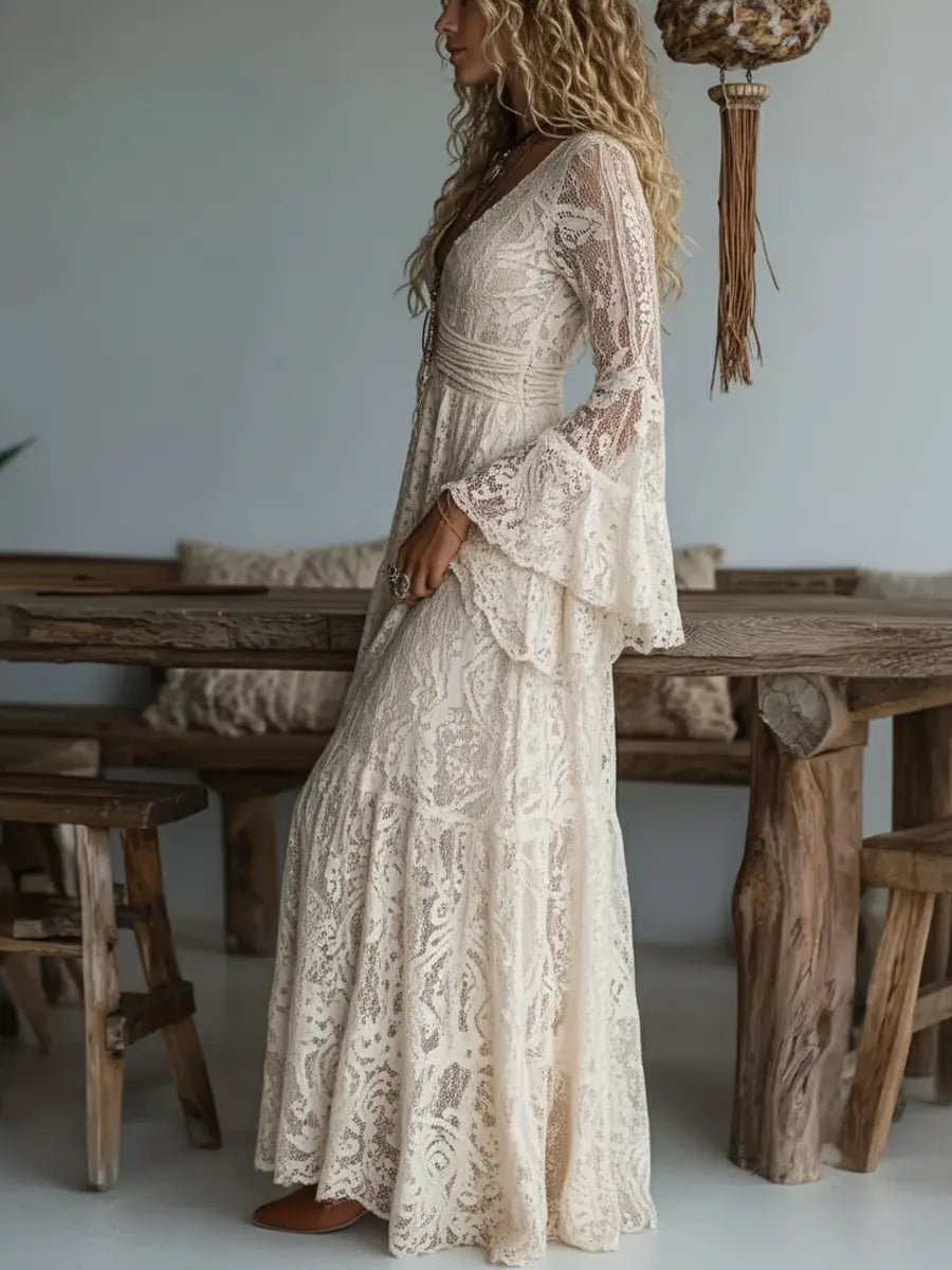 Women's Elegant V-neck Lace Long Dress